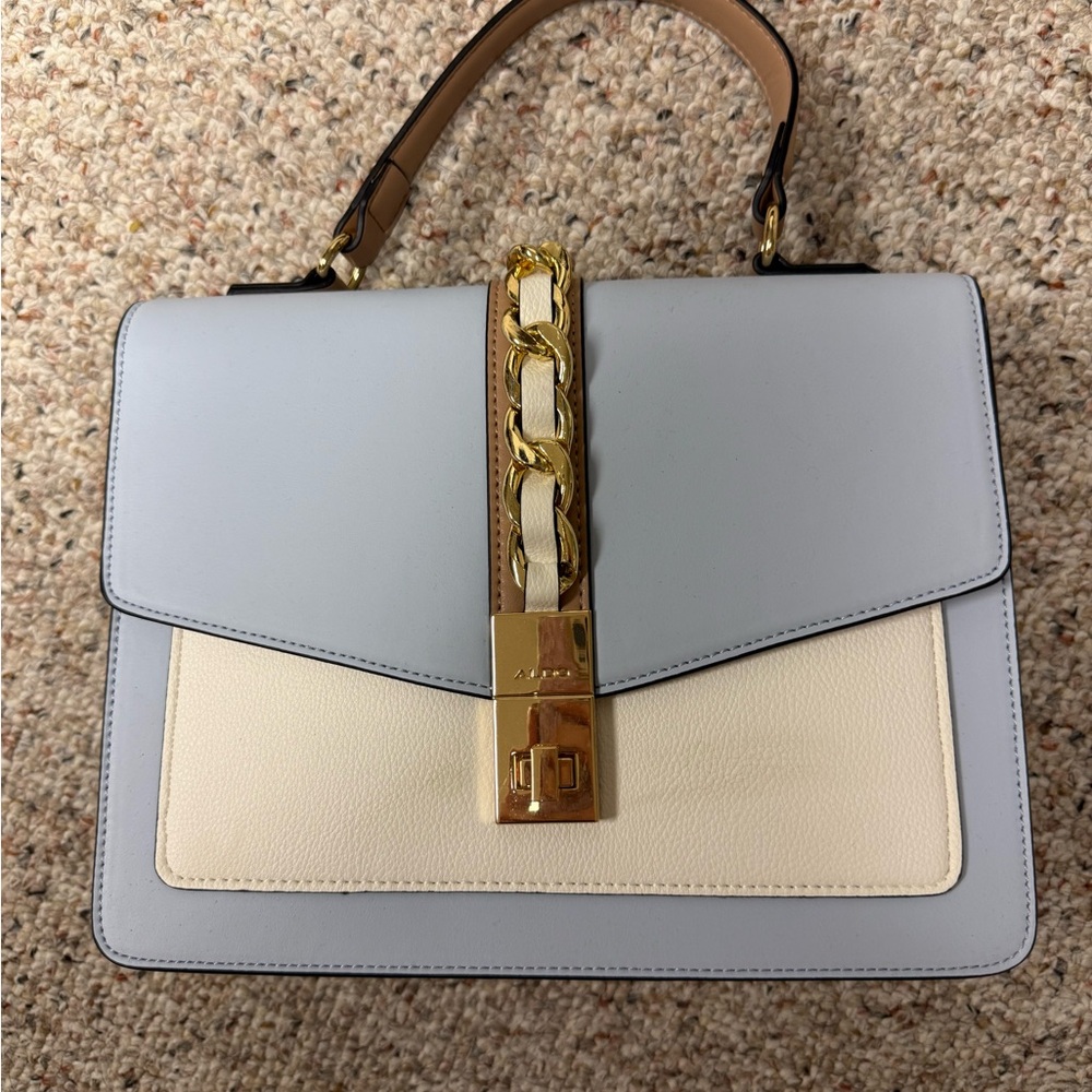 Aldo Light Blue and Cream Top-Handle Satchel with Gold Chain Accent
